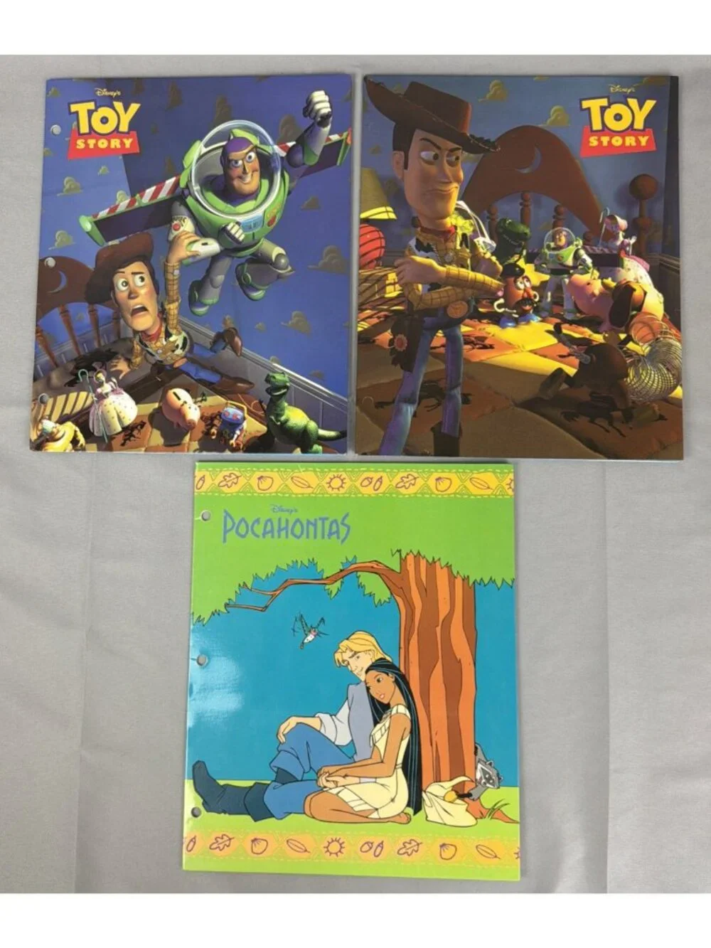 Lot 3 Vintage 90s Toy Story Pocahontas 3 Hole Binder Pocket Folder Disney NOS